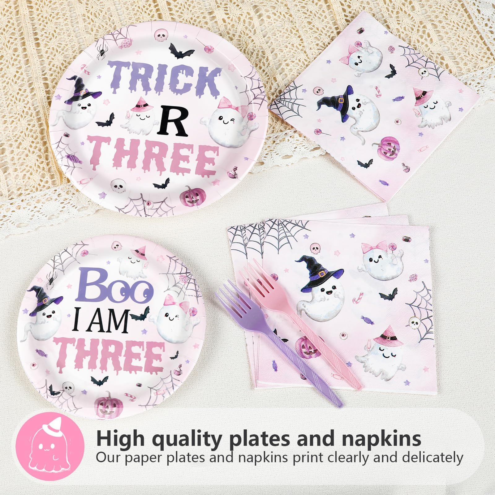 96 Pcs Halloween 3rd Birthday Party Plates and Napkins - Grencian