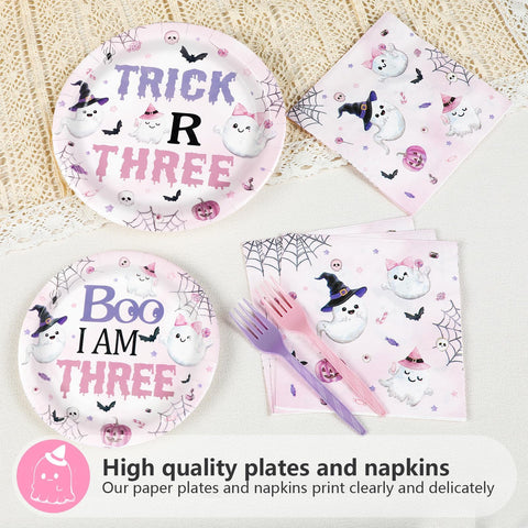 96 Pcs Halloween 3rd Birthday Party Plates and Napkins - Grencian
