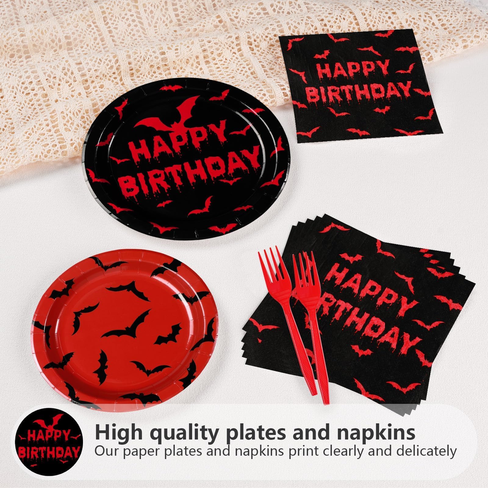 96 Pcs Halloween Bats Birthday Party Plates and Napkins - Grencian