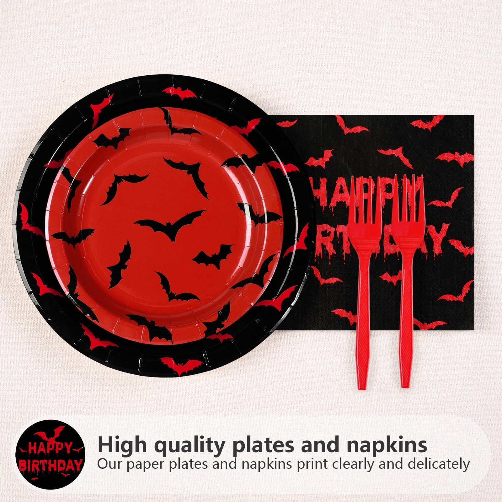 96 Pcs Halloween Bats Birthday Party Plates and Napkins - Grencian