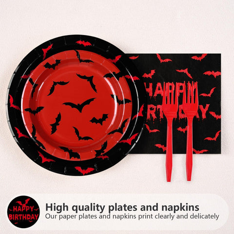 96 Pcs Halloween Bats Birthday Party Plates and Napkins - Grencian