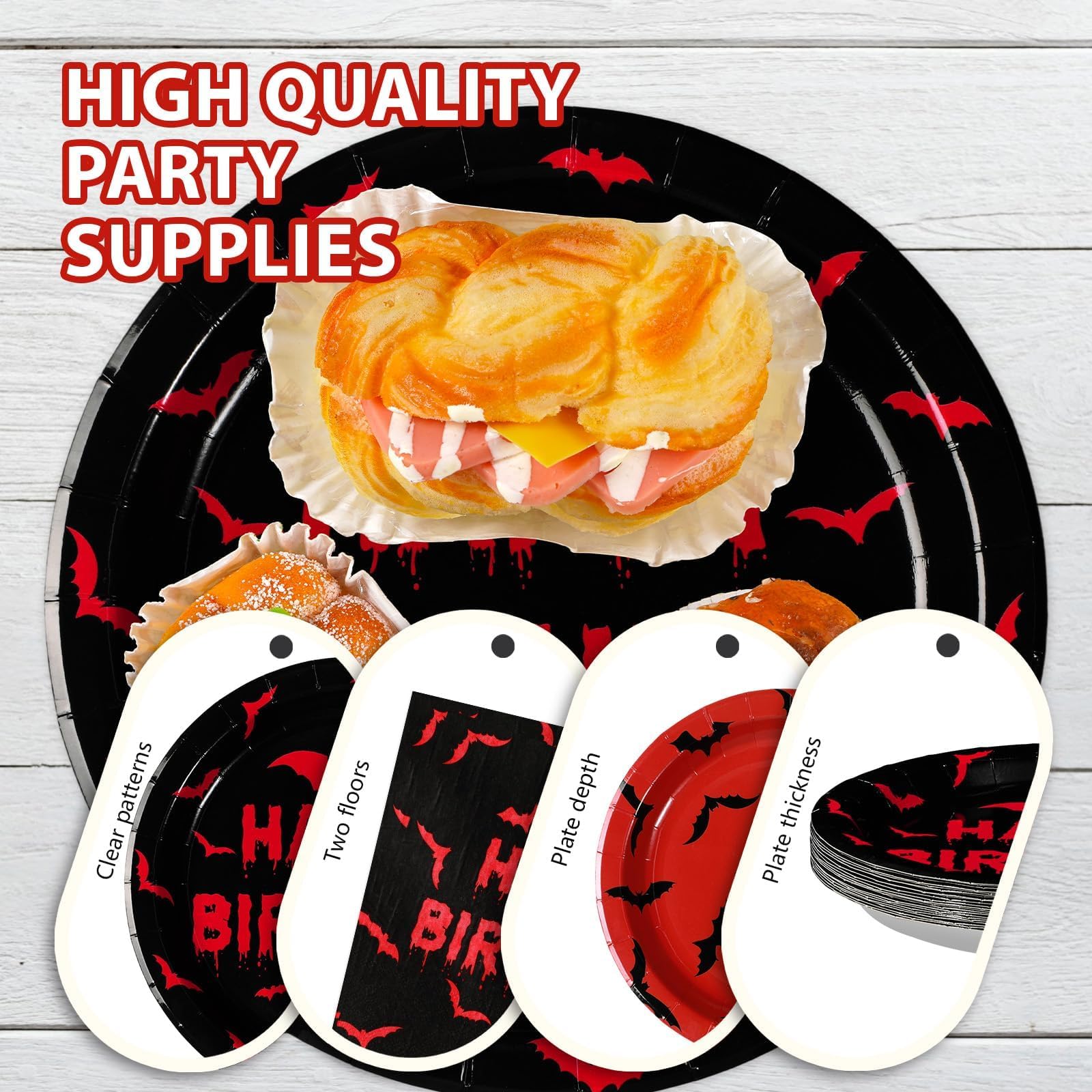 96 Pcs Halloween Bats Birthday Party Plates and Napkins - Grencian