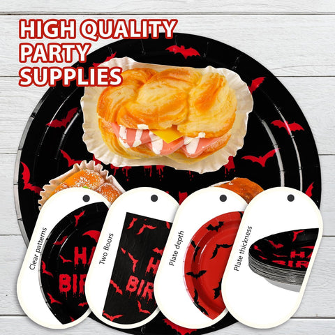 96 Pcs Halloween Bats Birthday Party Plates and Napkins - Grencian