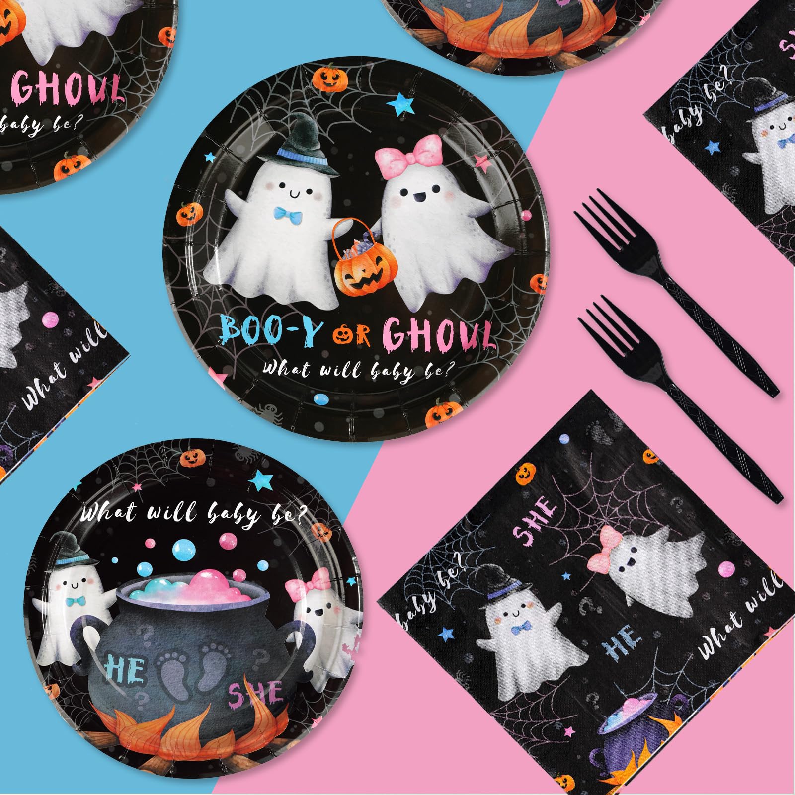 96 Pcs Halloween Gender Reveal Party Plates and Napkins - Grencian