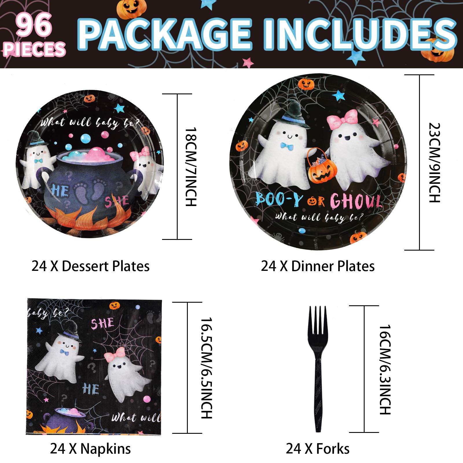 96 Pcs Halloween Gender Reveal Party Plates and Napkins - Grencian