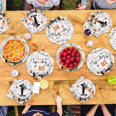 96 Pcs Halloween Ghost 1st Birthday Party Plates and Napkins - Grencian