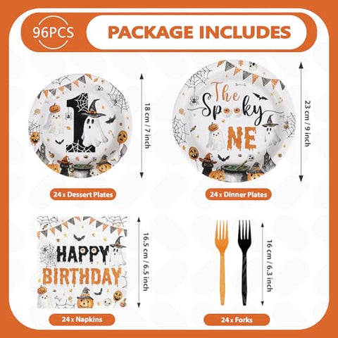 96 Pcs Halloween Ghost 1st Birthday Party Plates and Napkins - Grencian