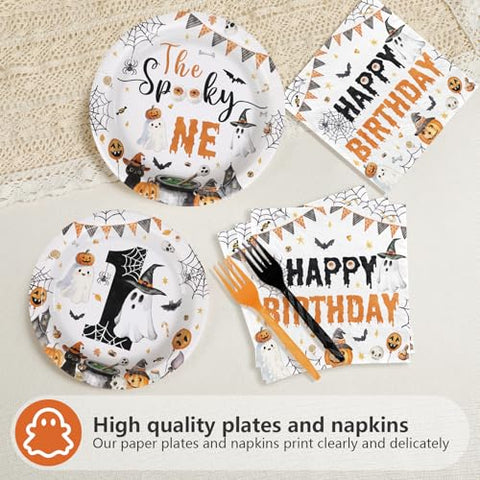 96 Pcs Halloween Ghost 1st Birthday Party Plates and Napkins - Grencian