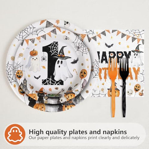 96 Pcs Halloween Ghost 1st Birthday Party Plates and Napkins - Grencian