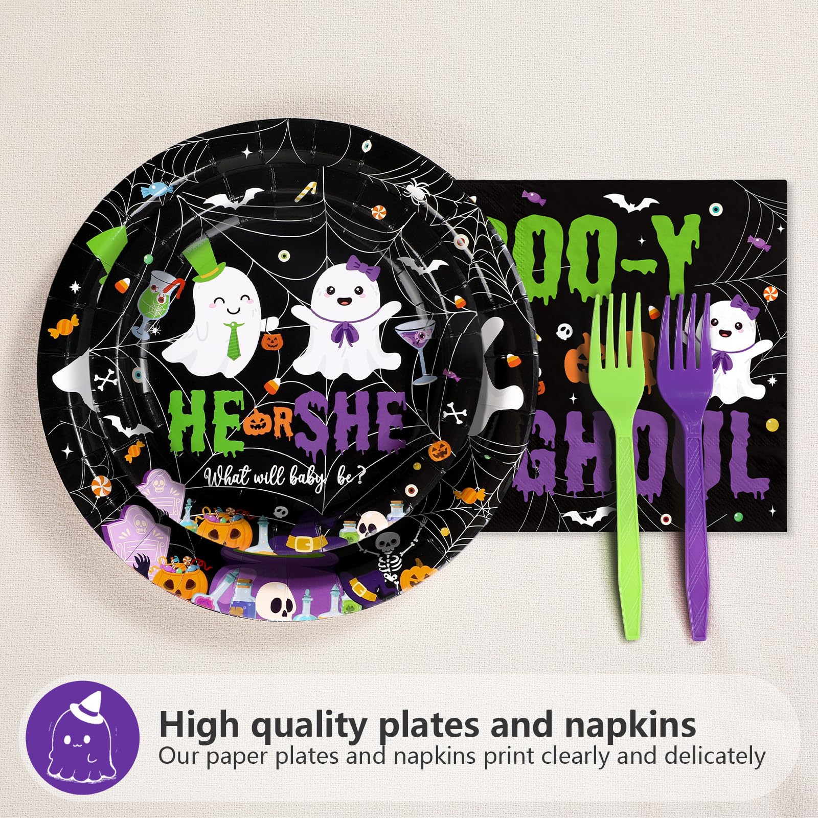 96 Pcs Halloween Ghost Gender Reveal Party Plates and Napkins - Grencian