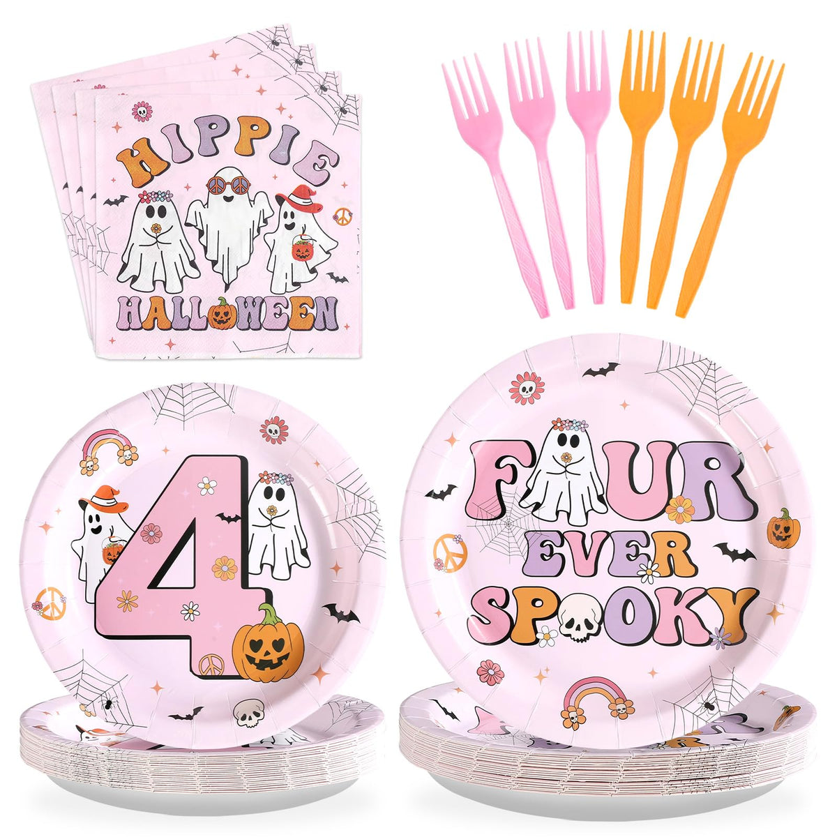 96 Pcs Halloween Pink 4th Birthday Party Plates and Napkins - Grencian
