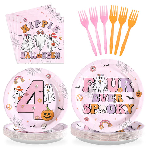 96 Pcs Halloween Pink 4th Birthday Party Plates and Napkins - Grencian