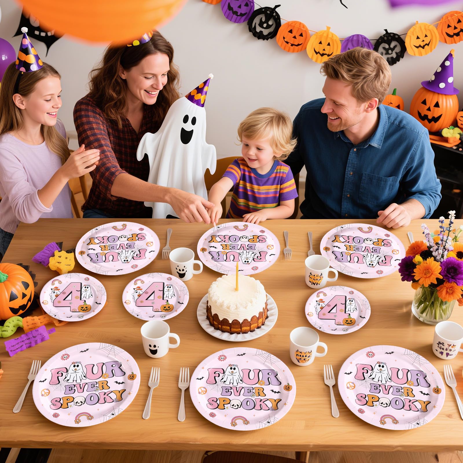 96 Pcs Halloween Pink 4th Birthday Party Plates and Napkins - Grencian