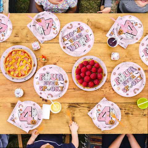 96 Pcs Halloween Pink 4th Birthday Party Plates and Napkins - Grencian