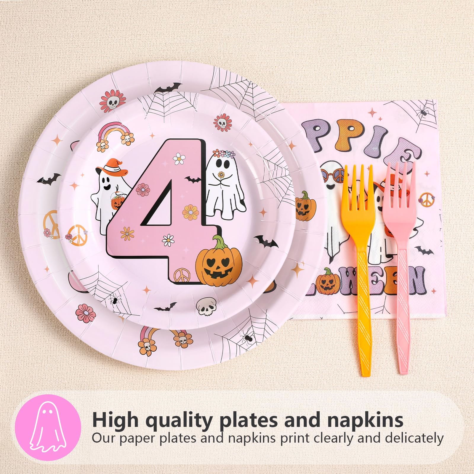 96 Pcs Halloween Pink 4th Birthday Party Plates and Napkins - Grencian