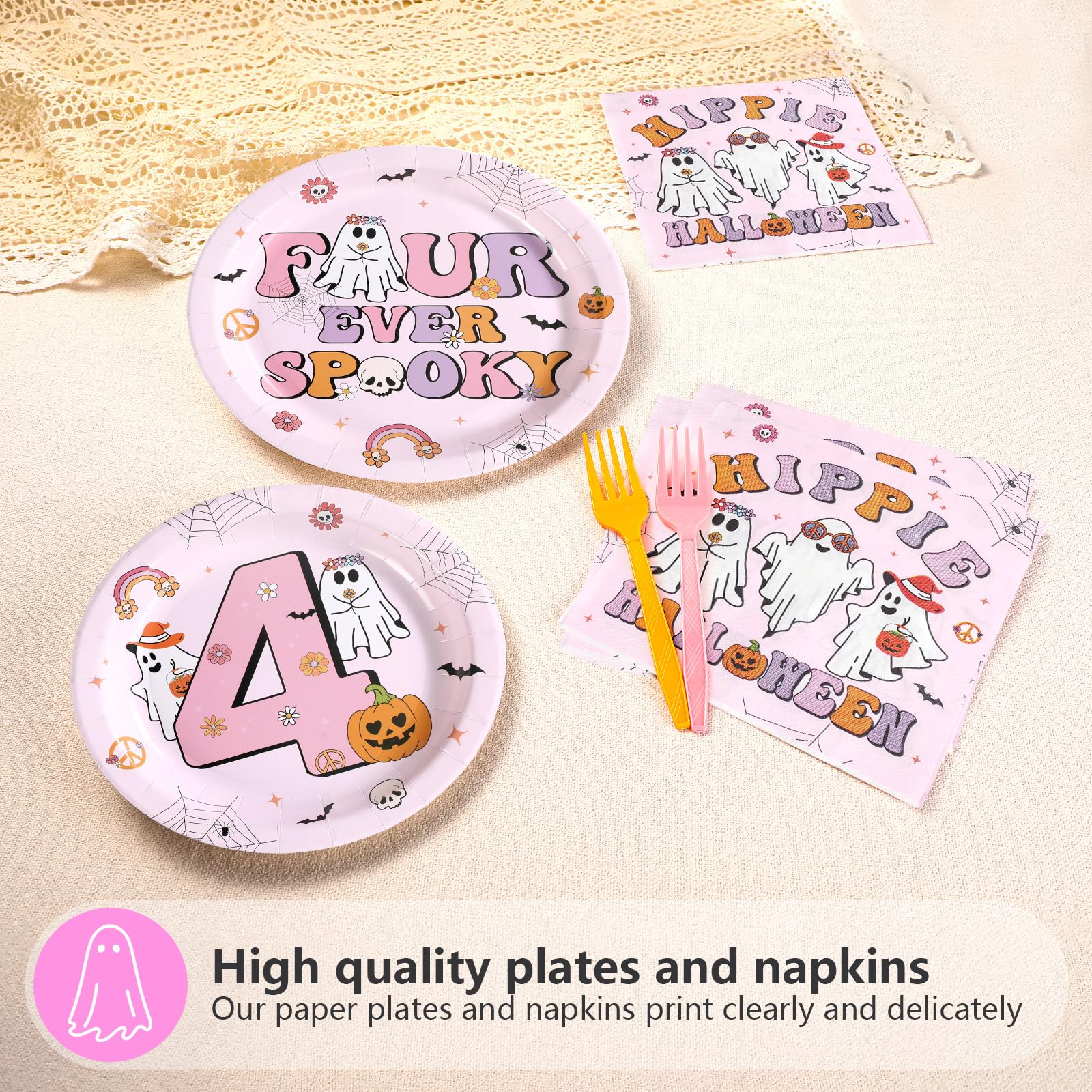 96 Pcs Halloween Pink 4th Birthday Party Plates and Napkins - Grencian