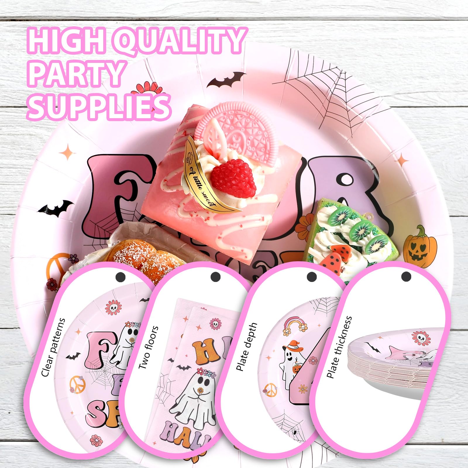 96 Pcs Halloween Pink 4th Birthday Party Plates and Napkins - Grencian