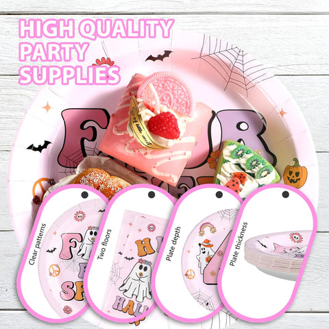 96 Pcs Halloween Pink 4th Birthday Party Plates and Napkins - Grencian