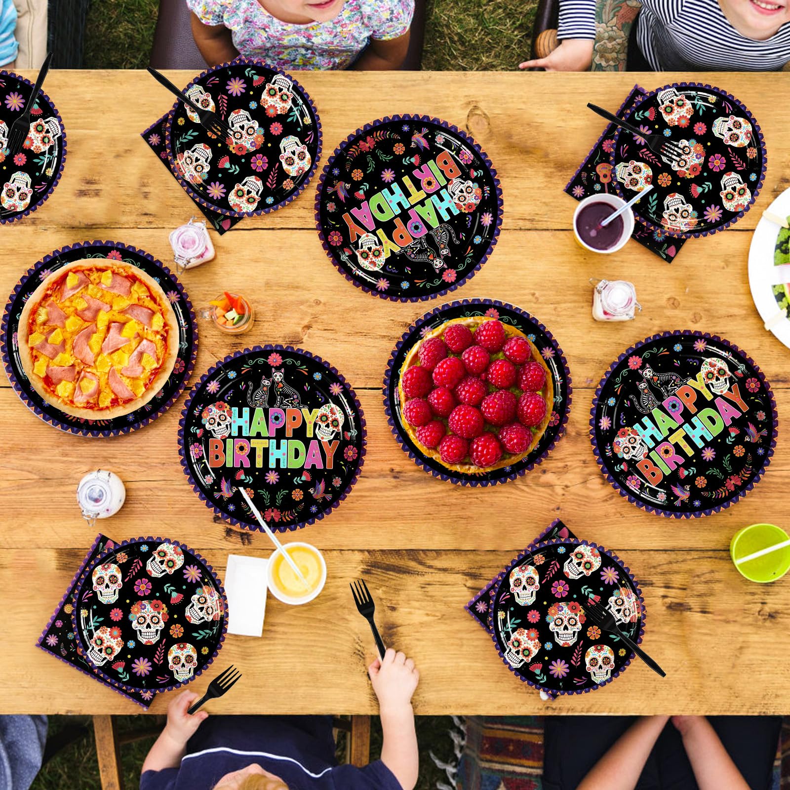 96 Pcs Halloween Skull Flower Birthday Party Plates and Napkins - Grencian