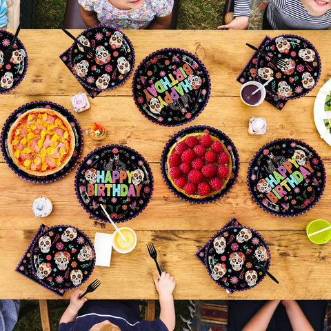96 Pcs Halloween Skull Flower Birthday Party Plates and Napkins - Grencian