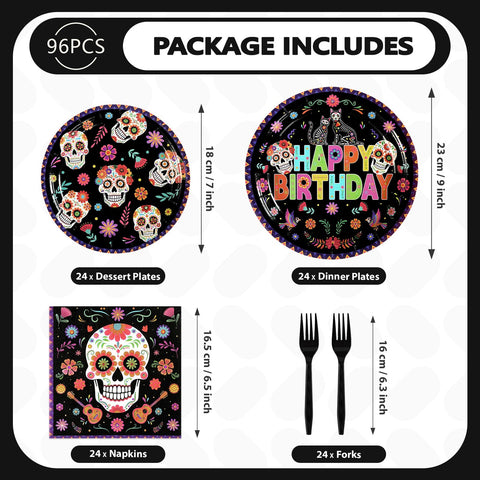 96 Pcs Halloween Skull Flower Birthday Party Plates and Napkins - Grencian