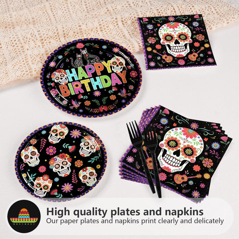 96 Pcs Halloween Skull Flower Birthday Party Plates and Napkins - Grencian