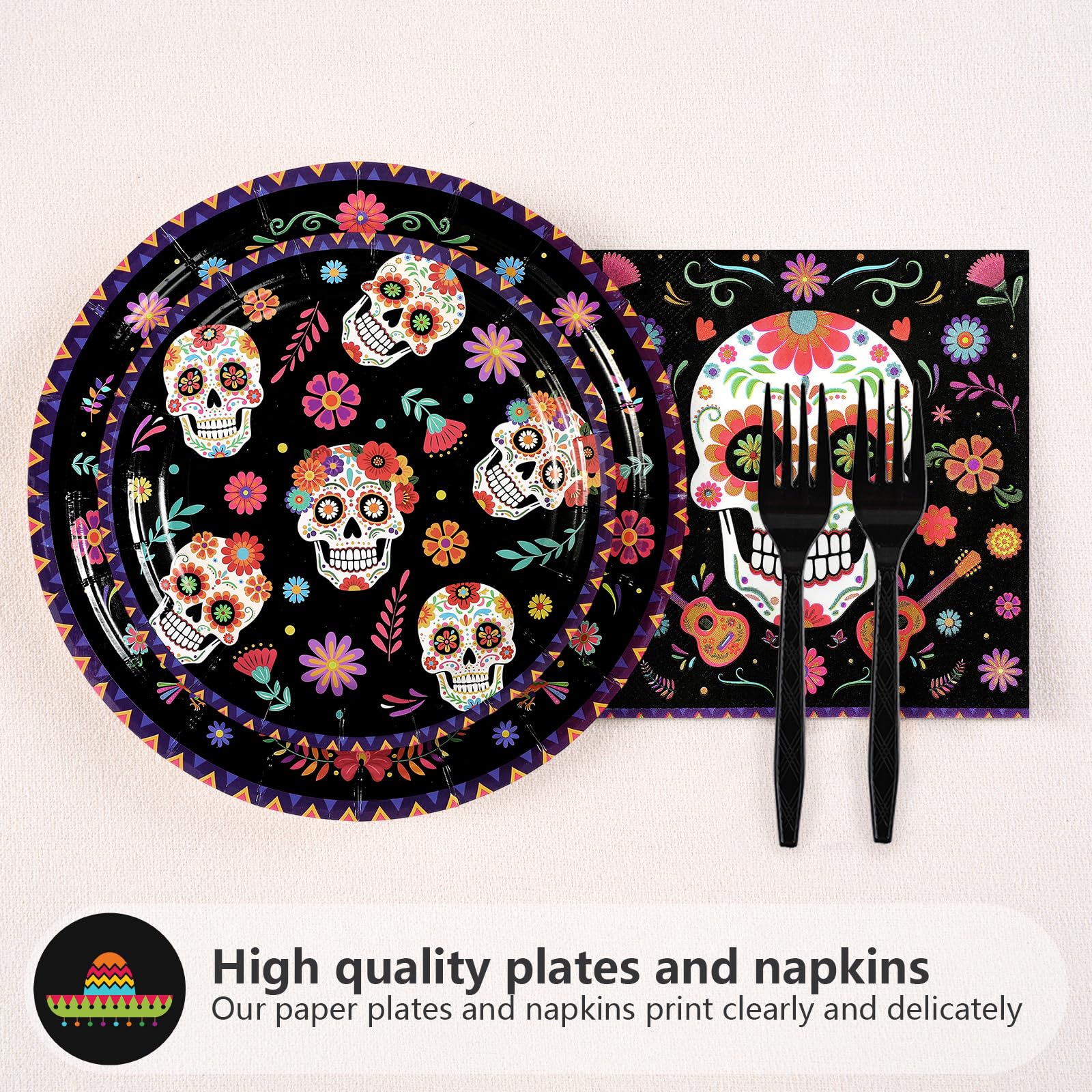 96 Pcs Halloween Skull Flower Birthday Party Plates and Napkins - Grencian