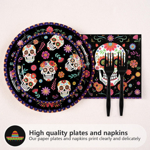 96 Pcs Halloween Skull Flower Birthday Party Plates and Napkins - Grencian