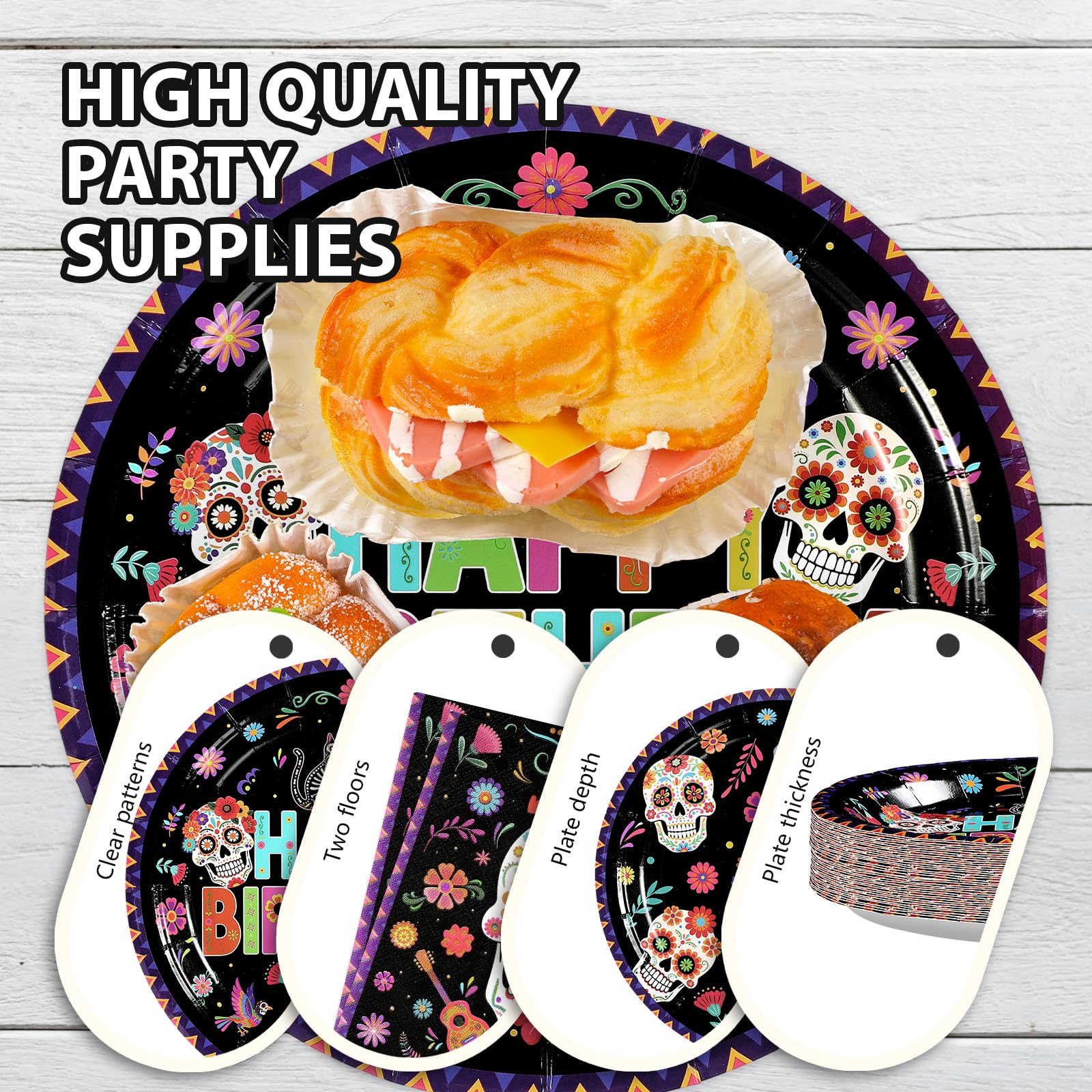 96 Pcs Halloween Skull Flower Birthday Party Plates and Napkins - Grencian
