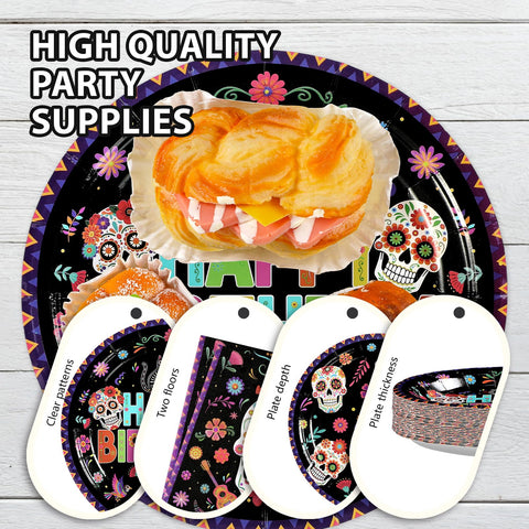 96 Pcs Halloween Skull Flower Birthday Party Plates and Napkins - Grencian
