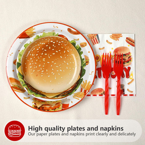 96 Pcs Hamburger Birthday Party Plates and Napkins - Grencian