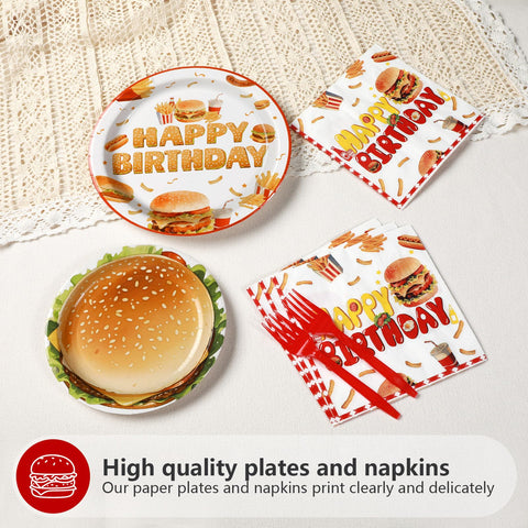 96 Pcs Hamburger Birthday Party Plates and Napkins - Grencian