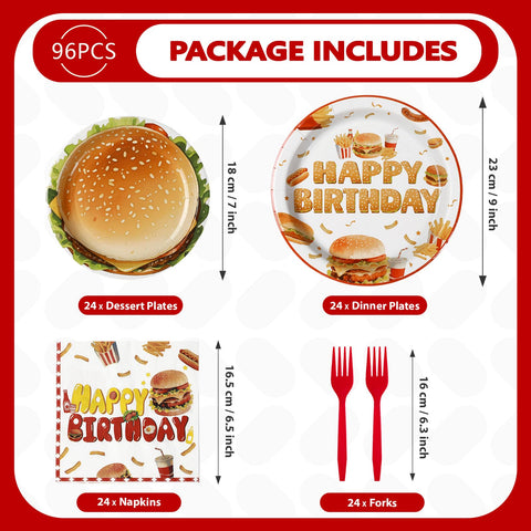 96 Pcs Hamburger Birthday Party Plates and Napkins - Grencian