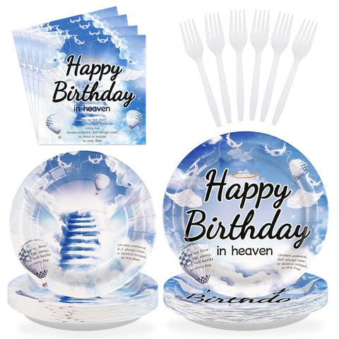 96 Pcs Happy Birthday in Heaven Party Plates and Napkins - Grencian