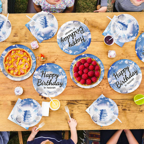 96 Pcs Happy Birthday in Heaven Party Plates and Napkins - Grencian