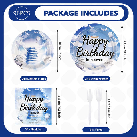 96 Pcs Happy Birthday in Heaven Party Plates and Napkins - Grencian