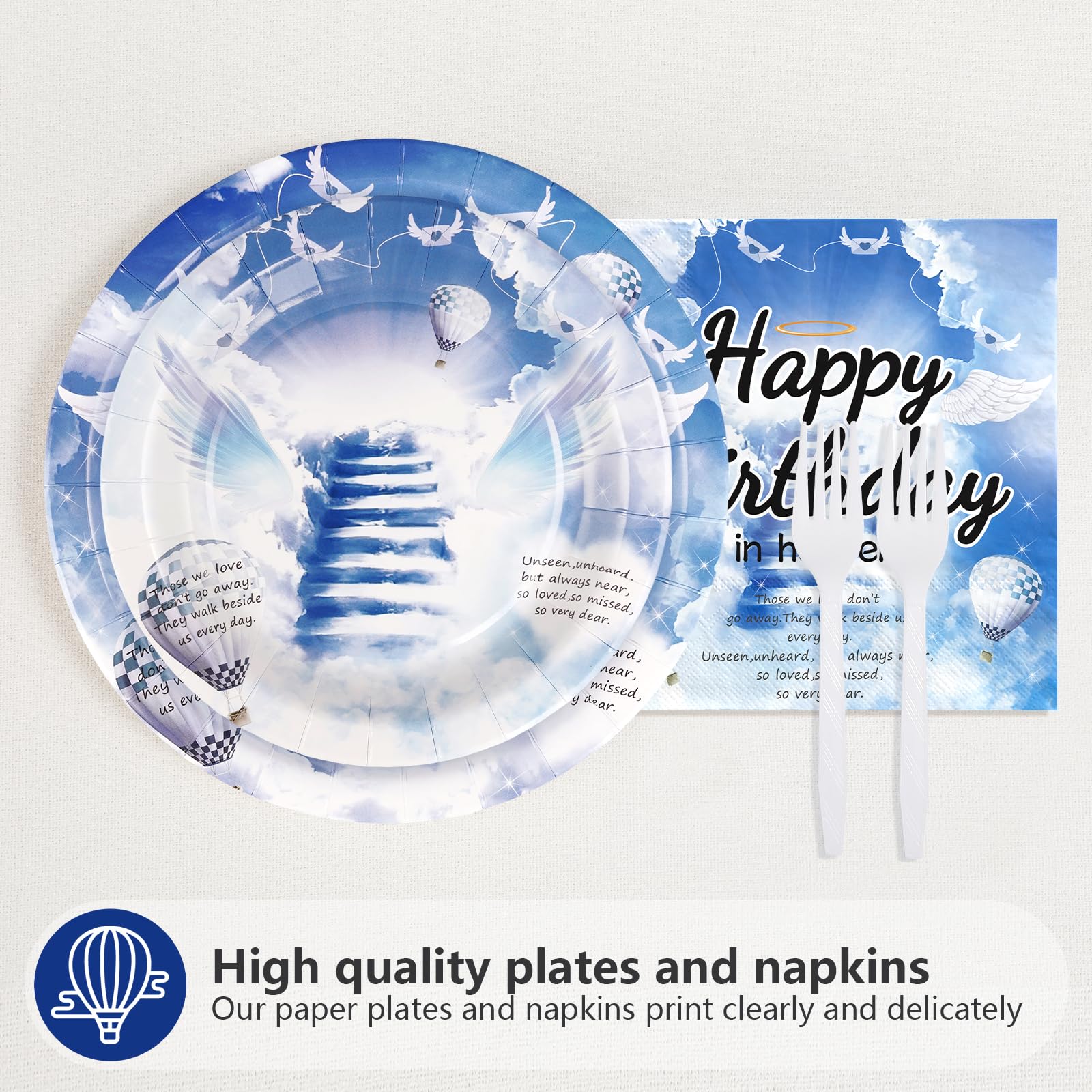 96 Pcs Happy Birthday in Heaven Party Plates and Napkins - Grencian