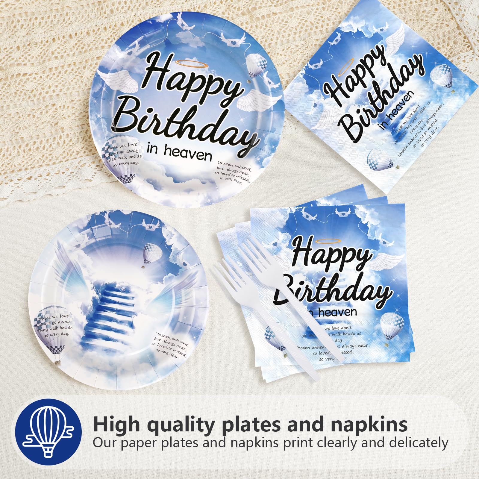 96 Pcs Happy Birthday in Heaven Party Plates and Napkins - Grencian