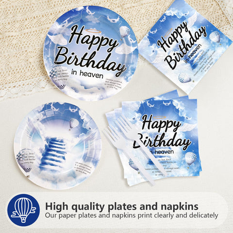 96 Pcs Happy Birthday in Heaven Party Plates and Napkins - Grencian