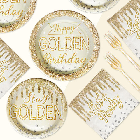96 Pcs Happy Golden Birthday Party Plates and Napkins - Grencian