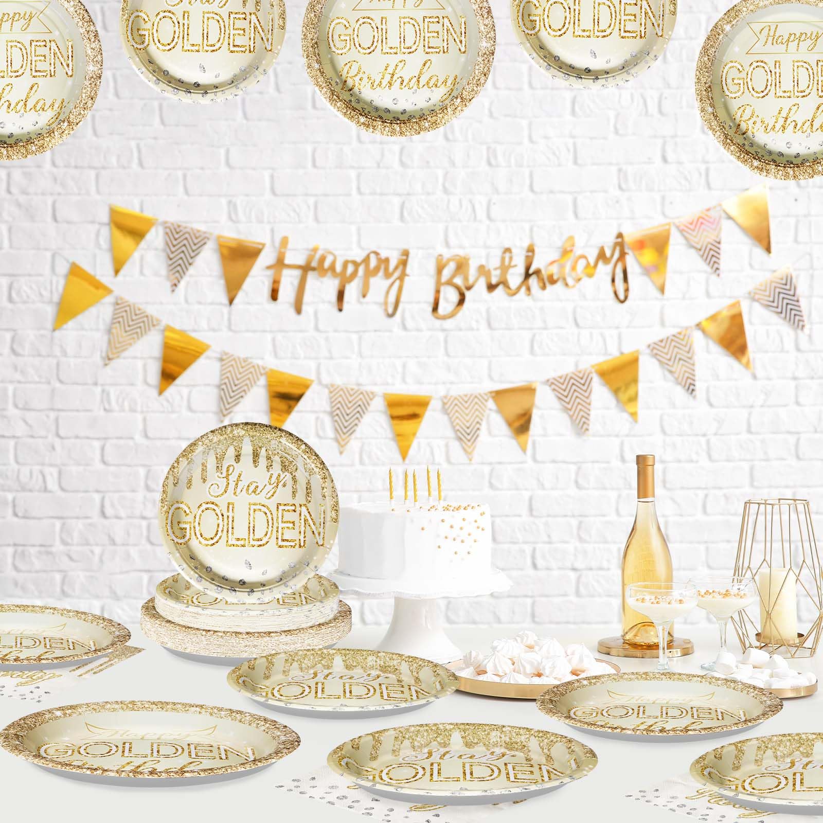96 Pcs Happy Golden Birthday Party Plates and Napkins - Grencian