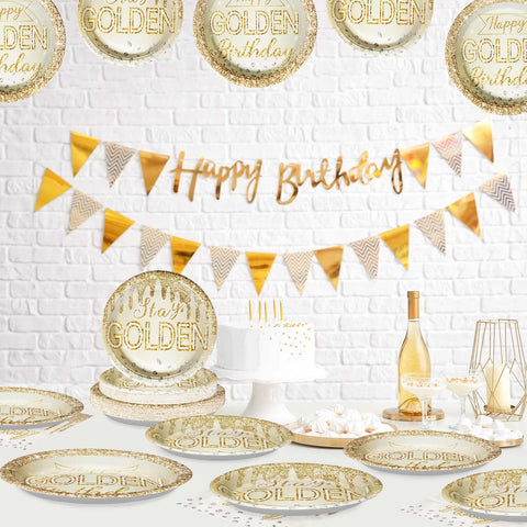 96 Pcs Happy Golden Birthday Party Plates and Napkins - Grencian