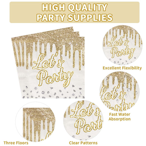 96 Pcs Happy Golden Birthday Party Plates and Napkins - Grencian
