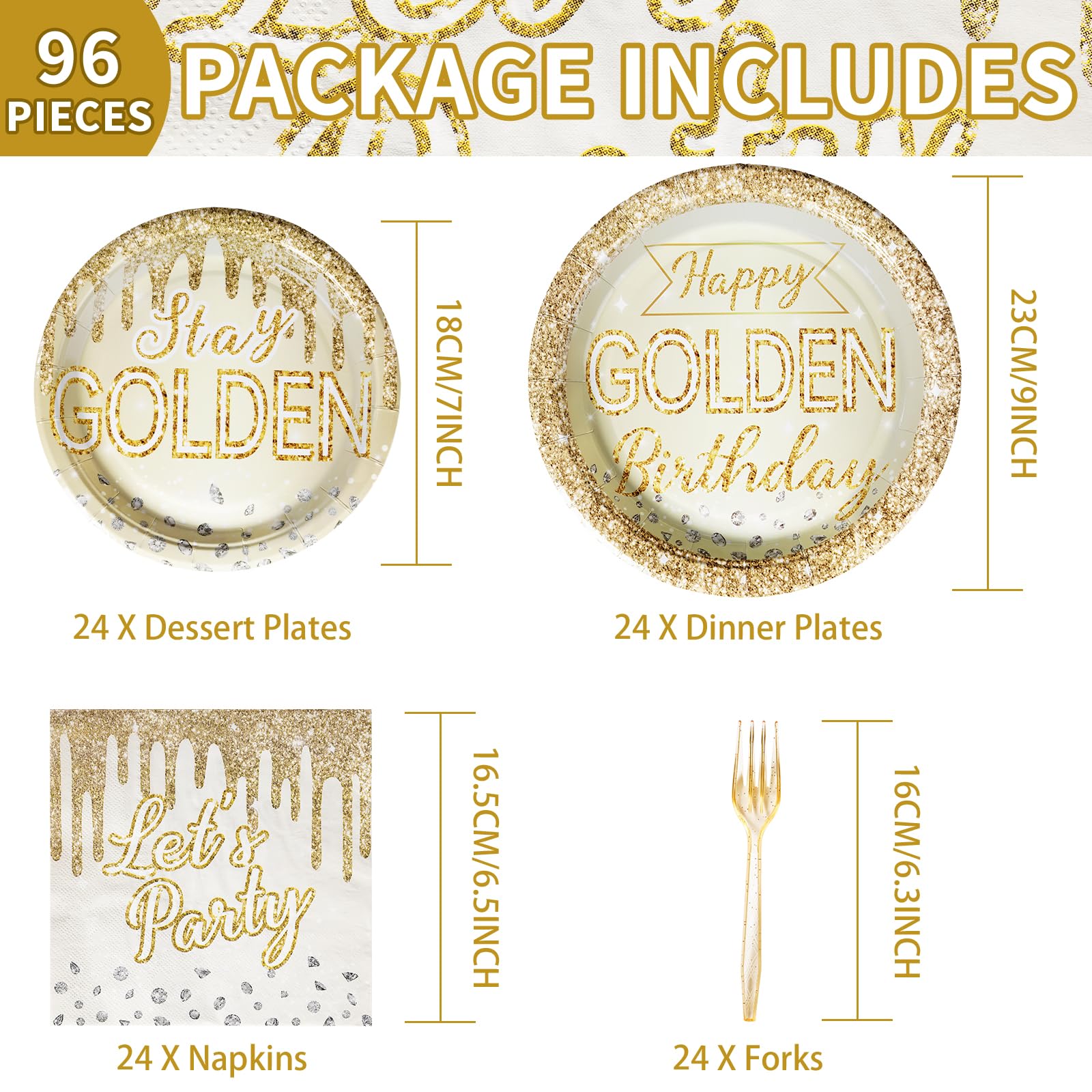 96 Pcs Happy Golden Birthday Party Plates and Napkins - Grencian