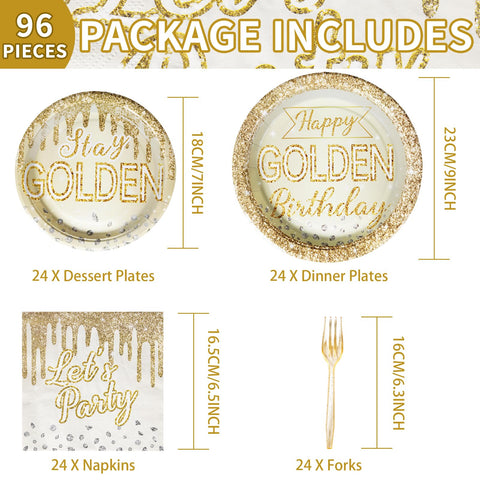 96 Pcs Happy Golden Birthday Party Plates and Napkins - Grencian