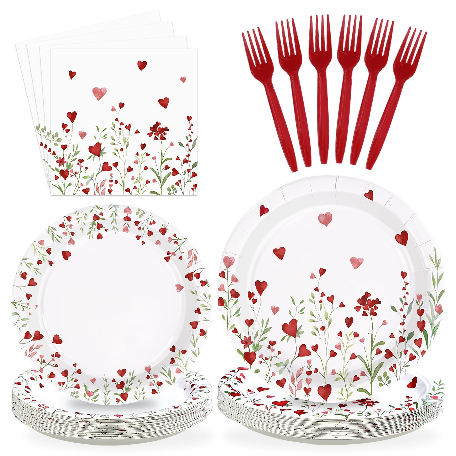 96 Pcs Heart Flowers Party Plates and Napkins - Grencian