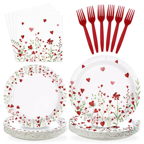 96 Pcs Heart Flowers Party Plates and Napkins - Grencian