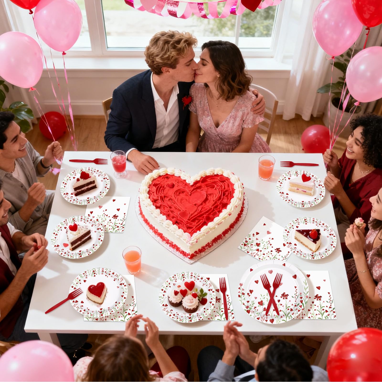 96 Pcs Heart Flowers Party Plates and Napkins - Grencian