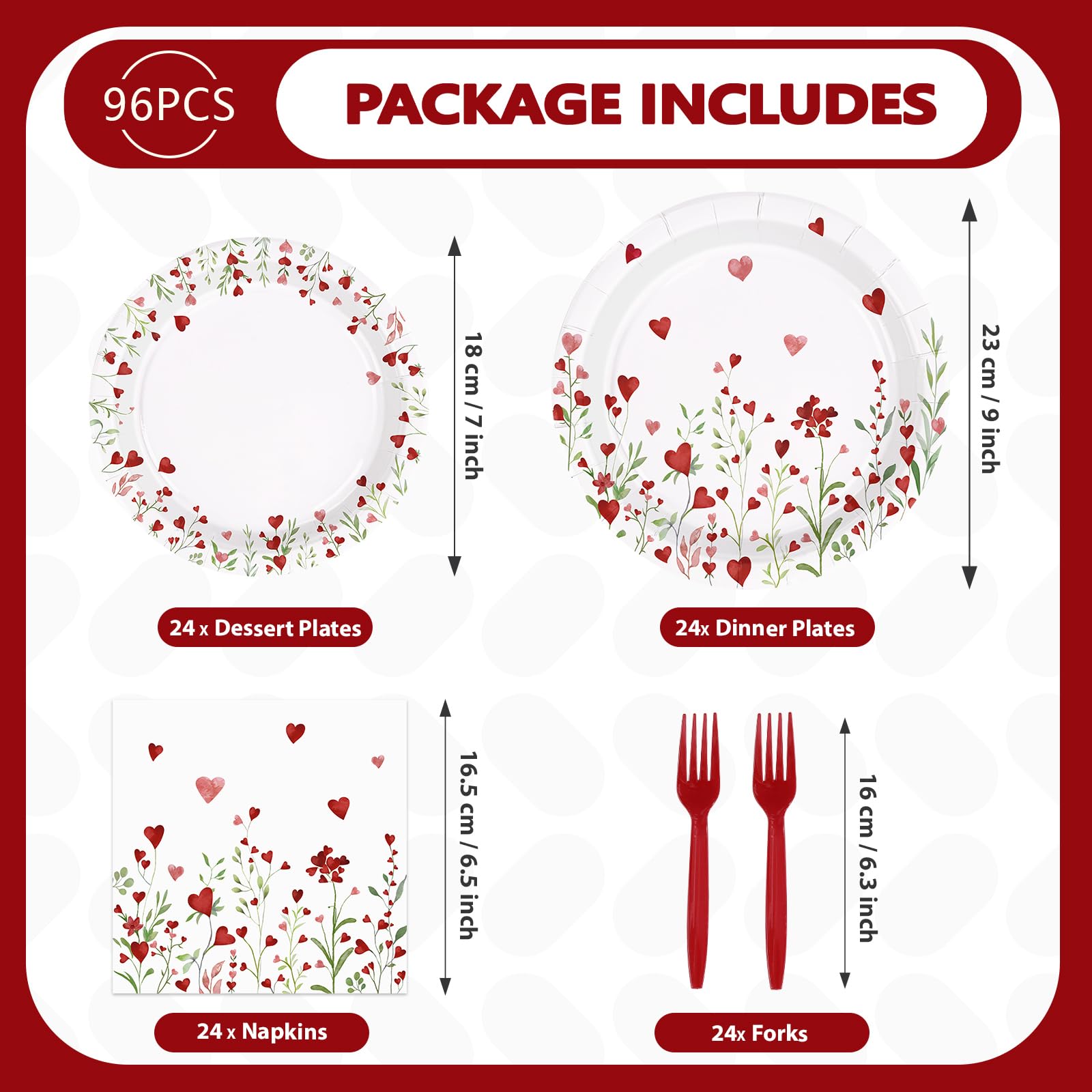 96 Pcs Heart Flowers Party Plates and Napkins - Grencian