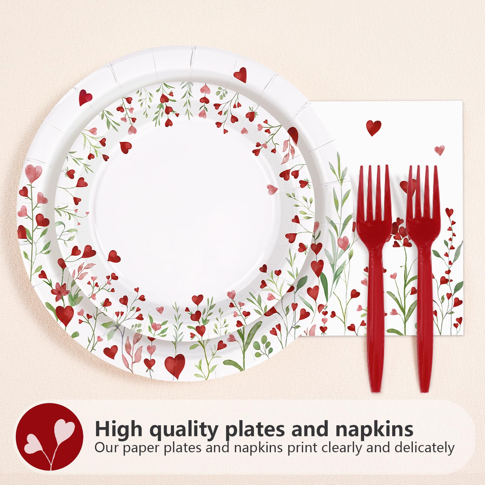 96 Pcs Heart Flowers Party Plates and Napkins - Grencian